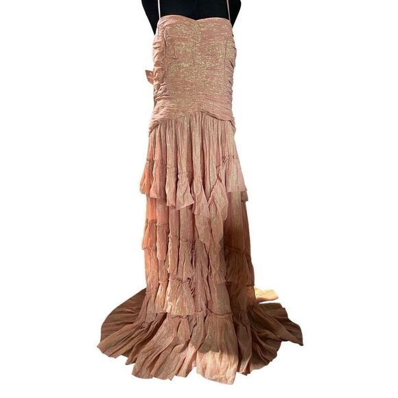Anthropologie BHLDN Jessa Pink Metallic Asymmetrical Ruffled Drop-Waist Gown 8 - Picture 3 of 14
